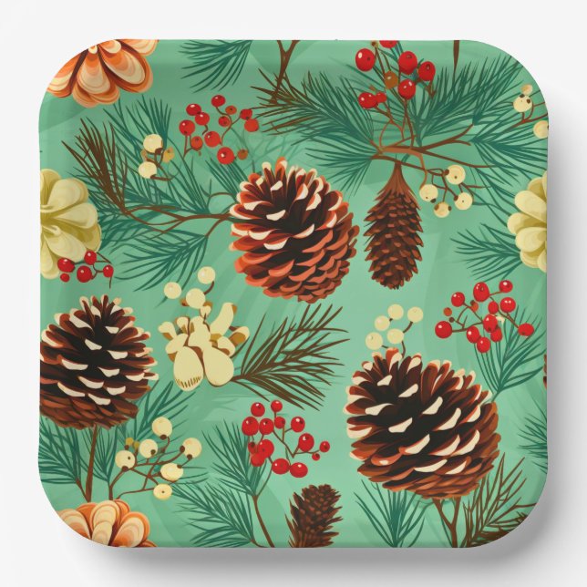 Plato De Papel Navidades Retro Pine Cones Grandes (Anverso)