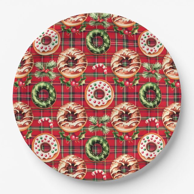 Plato De Papel Navidades Retro Rojo Donan Red Tartán Plaid (Anverso)