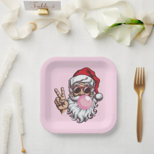 Plato De Papel Navidades Retro Santa que soplan venado de burbuja