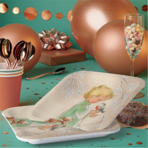 Plato De Papel Navidades retro vintage de niños fiesta de pájaro 