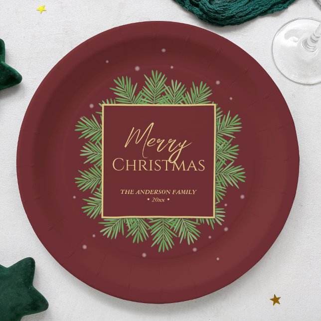 Plato De Papel Navidades Rojos Borgoña Moderno Elegante Botánico (Subido por el creador)