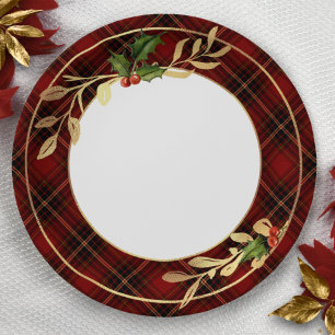Plato De Papel Navidades rojos clásicos Tartán, Holly y hojas de 