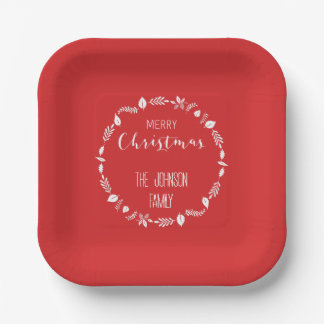 Plato De Papel Navidades rojos con decoración de hojas blancas