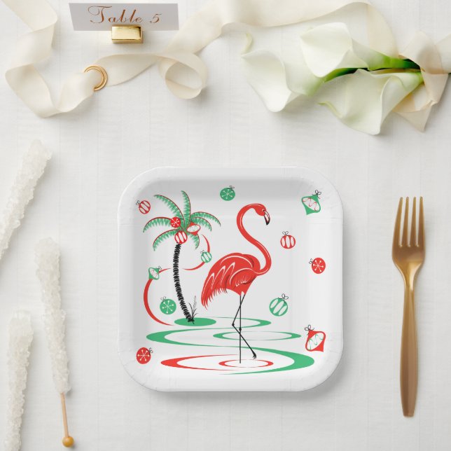 Plato De Papel Navidades rojos Flamingo Baubles square (Boda)