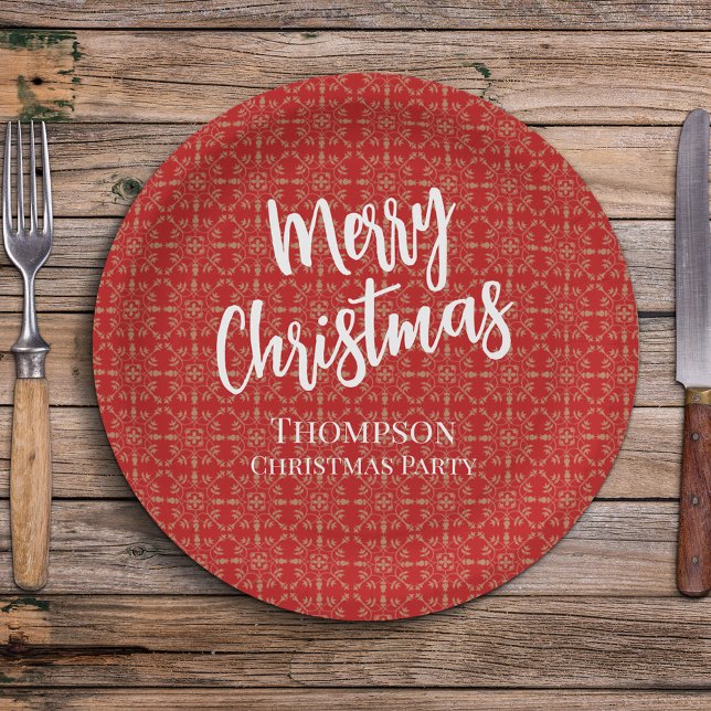 Plato De Papel Navidades rojos Sencillo y elegante invierno tradi (Christmas holiday custom paper plate with white text typography. )