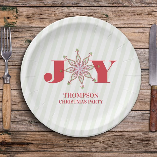 Plato De Papel Navidades rojos y verdes simple tipografía inverna (Christmas Joy typography red and green snowflake paper plate. )