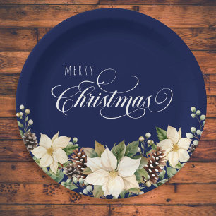 Plato De Papel Navidades Ronda azul Poinsettia