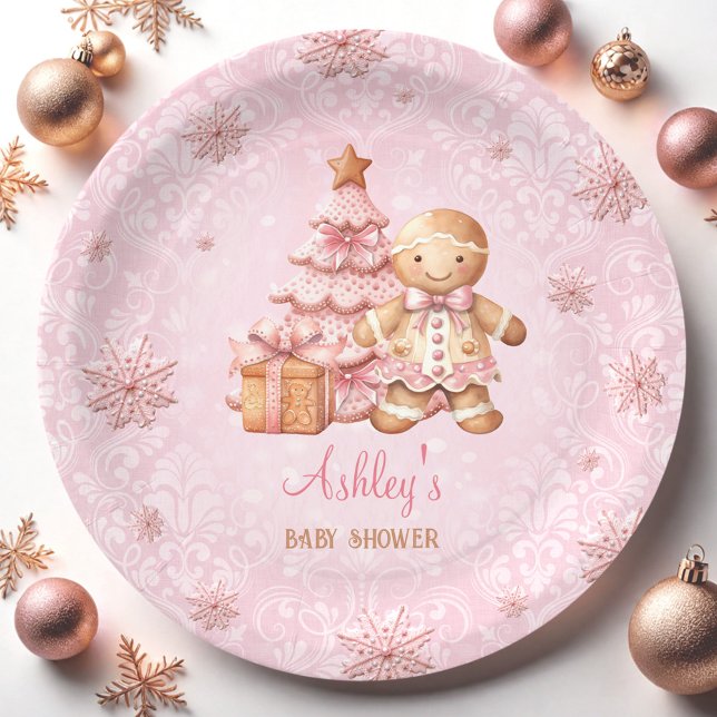 Plato De Papel Navidades rosados Chica hombre pan de jengibre Bab (Gingerbread Man Girl Pink Christmas Baby Shower Paper Plates)