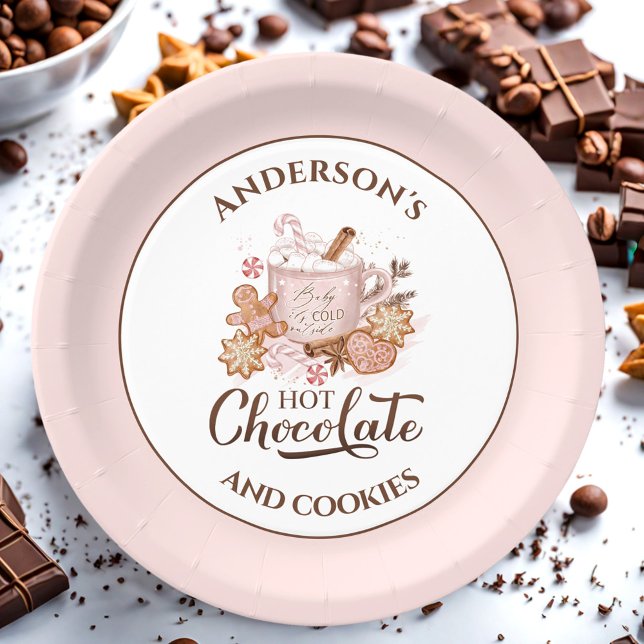Plato De Papel Navidades rosados de chocolate caliente Nombre Pla (Hot Chocolate Pink Christmas Name Paper Plates)