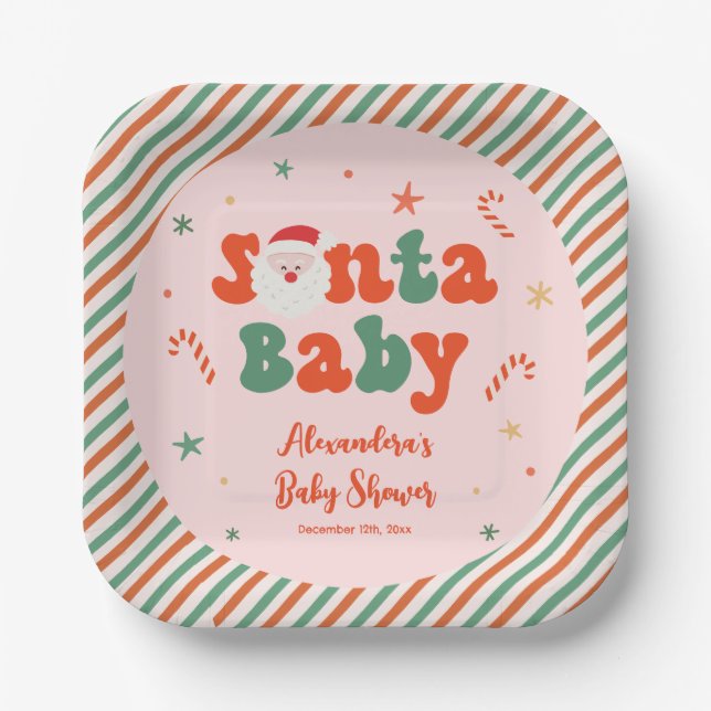 Plato De Papel Navidades rosados Santa Baby Shower (Anverso)