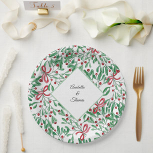 Plato De Papel Navidades Rustic Mistletoe Watercolor de la mano p