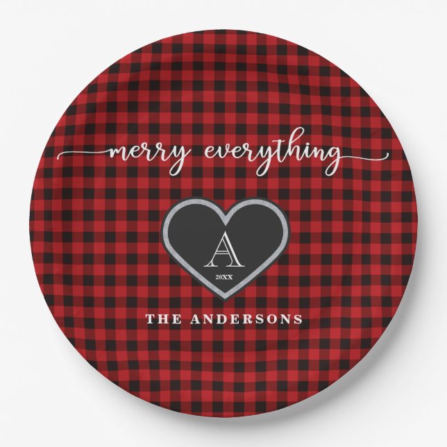 Plato De Papel Navidades Rustic Red Black Plaid citan monograma (Anverso)