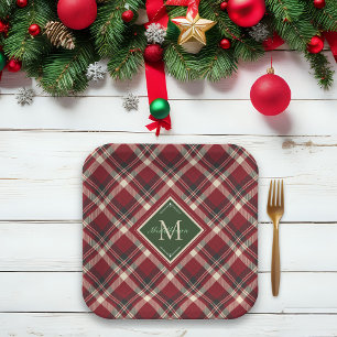 Plato De Papel Navidades Rústicos Monograma Nombre Planta Verde R