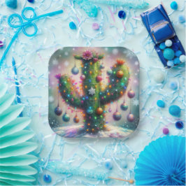 Plato De Papel Navidades Saguaro Cactus Whimsical Snowflakes