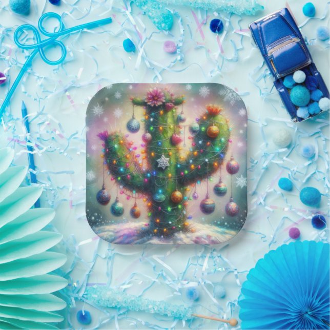 Plato De Papel Navidades Saguaro Cactus Whimsical Snowflakes (Fiesta)