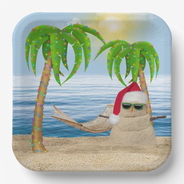 Plato De Papel Navidades Sandman En La Playa Tropical (Anverso)