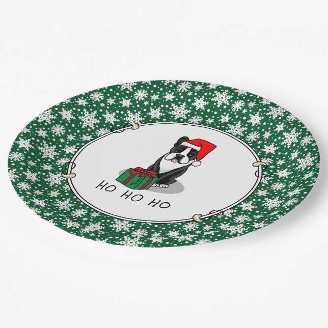 Plato De Papel Navidades Santa Boston Terrier (negro) (Angular)