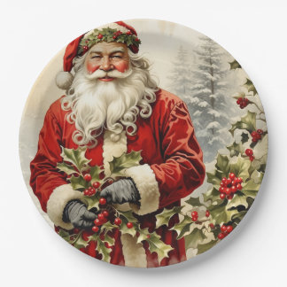 Plato De Papel Navidades Santa Claus con Holly Berry