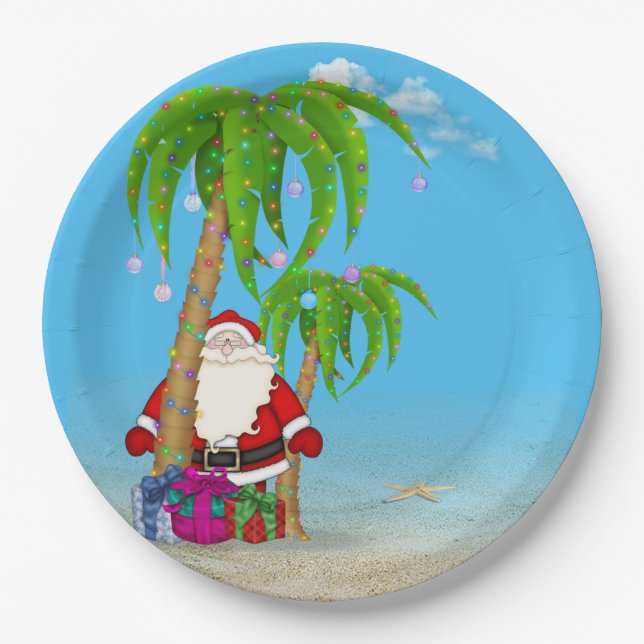 Plato De Papel Navidades Santa Claus tropical con palmeras (Anverso)
