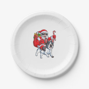 Plato De Papel Navidades Santa Claus viajando en Bulldog francés
