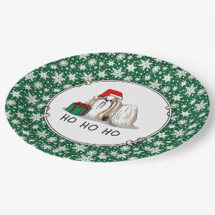 Plato De Papel Navidades Santa Hat Shih Tzu (blanco moreno) Perro