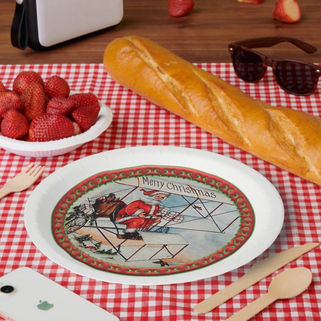 Plato De Papel Navidades Santa volando un viejo avión (Picnic)