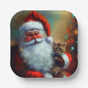 Plato De Papel Navidades Santa y un gato 4