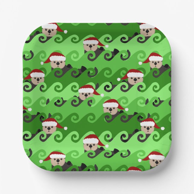 Plato De Papel Navidades Sea Otters Green Waves (Anverso)