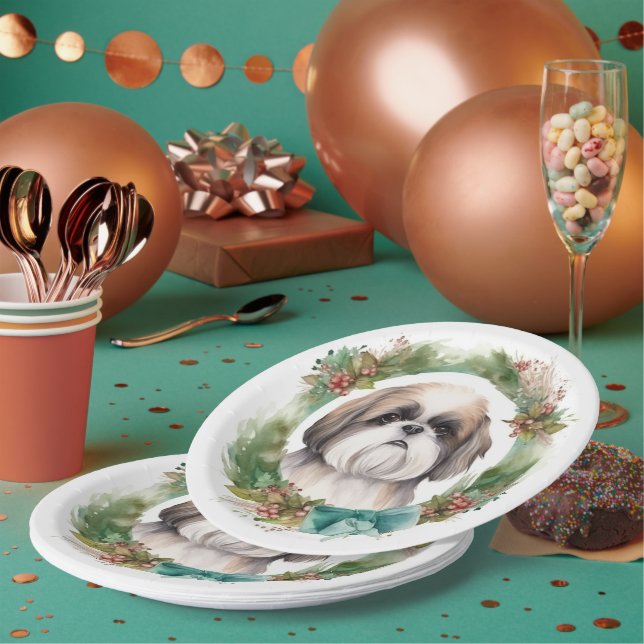 Plato De Papel Navidades Shih Tzu abuchean presentación festiva (Multi)