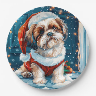 Plato De Papel Navidades Shih Tzu Santa Dog