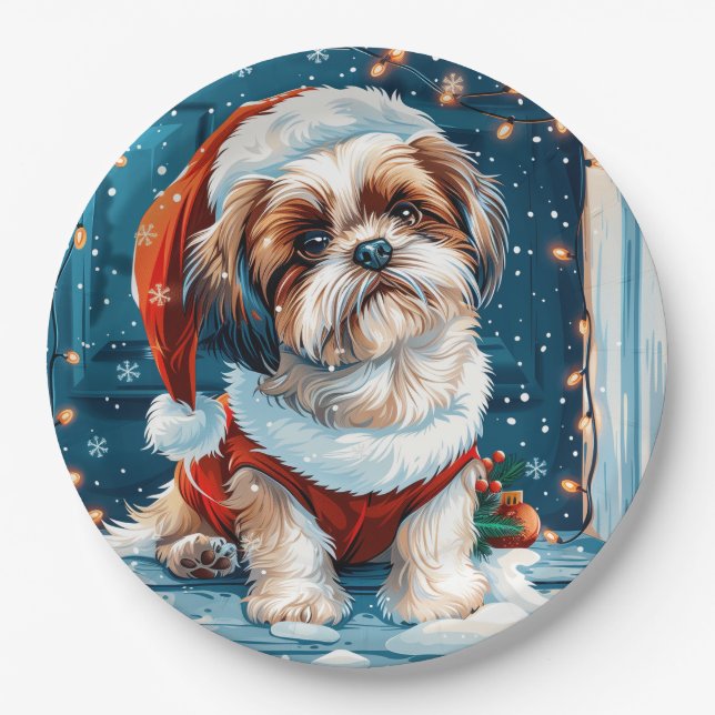 Plato De Papel Navidades Shih Tzu Santa Dog (Anverso)
