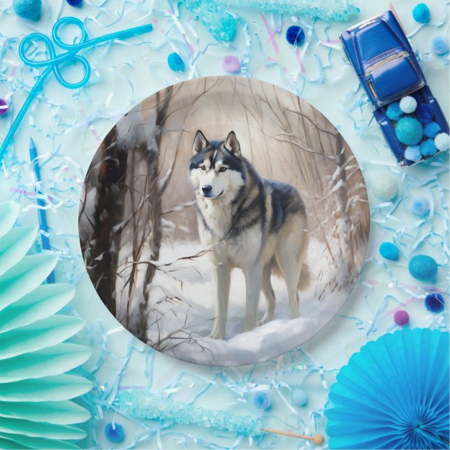 Plato De Papel Navidades Siberian Husky Let It Snow (Fiesta)