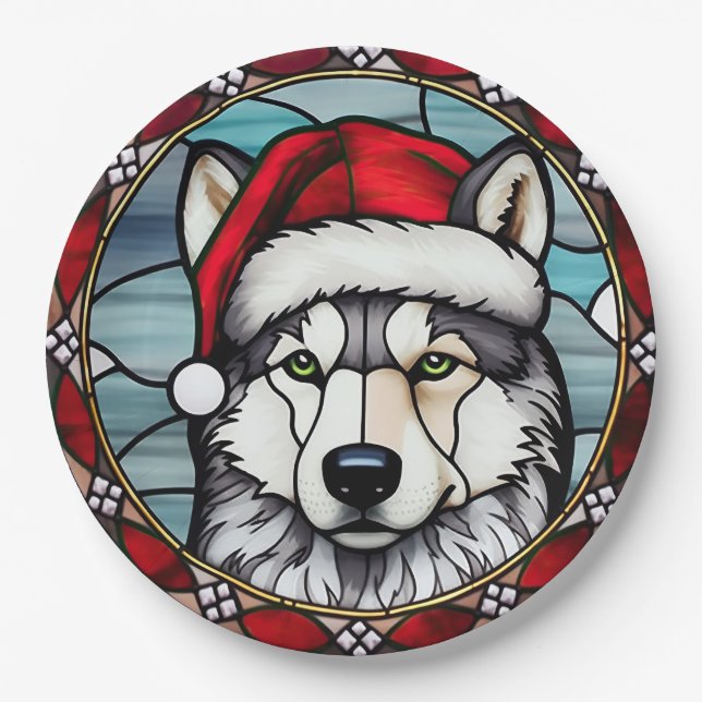 Plato De Papel Navidades Siberian Husky Staines Glass (Anverso)