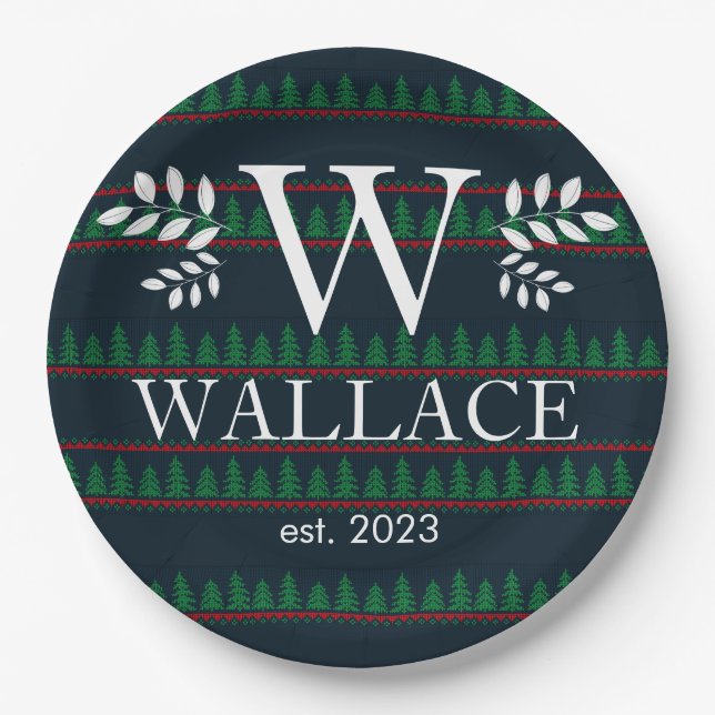 Plato De Papel Navidades simples modernos monograma foto recién c (Anverso)