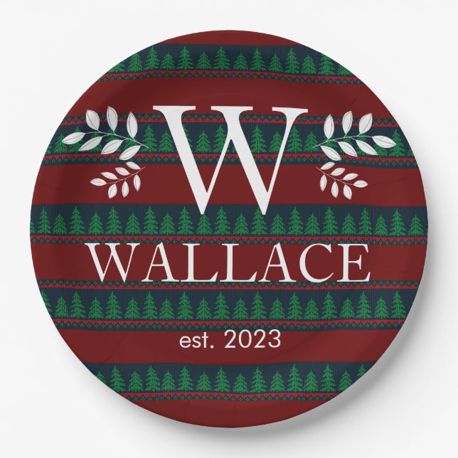 Plato De Papel Navidades simples modernos monograma foto recién c (Anverso)