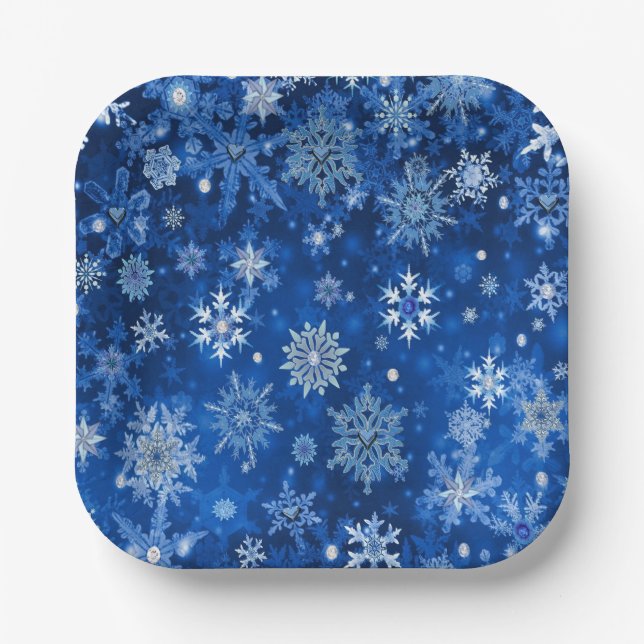 Plato De Papel Navidades Snowflakes Papeles Blue & Silver (Anverso)