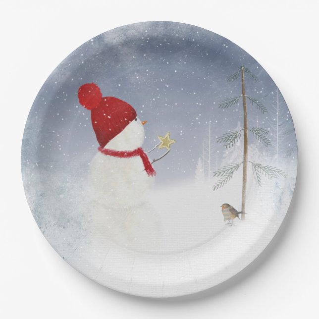 Plato De Papel Navidades snowman con estrella dorada (Anverso)