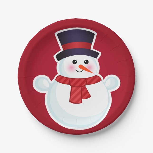 Plato De Papel Navidades Snowman con fondo rojo (Anverso)