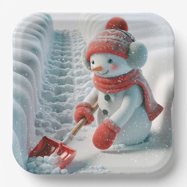 Plato De Papel Navidades Snowman con pala roja (Anverso)