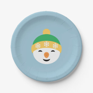Plato De Papel Navidades Snowman en Gorra verde sobre azul claro
