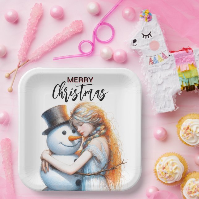 Plato De Papel Navidades Snowman Y Un Chica (Fiesta)