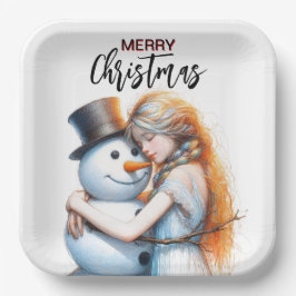 Plato De Papel Navidades Snowman Y Un Chica