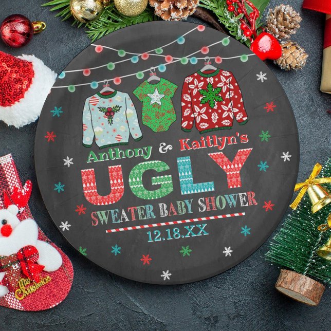Plato De Papel Navidades suéteres feos Baby Shower (Subido por el creador)