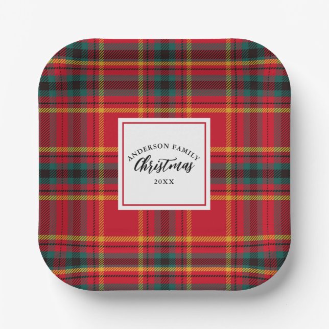 Plato De Papel Navidades Tartan Plaid Family Name Year (Anverso)