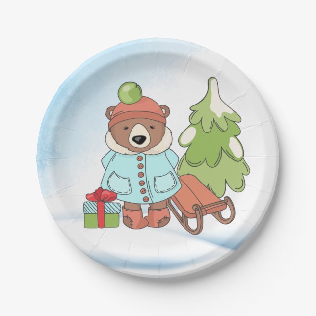 Plato De Papel Navidades Teddy Bear Pareja con Regalo (Anverso)