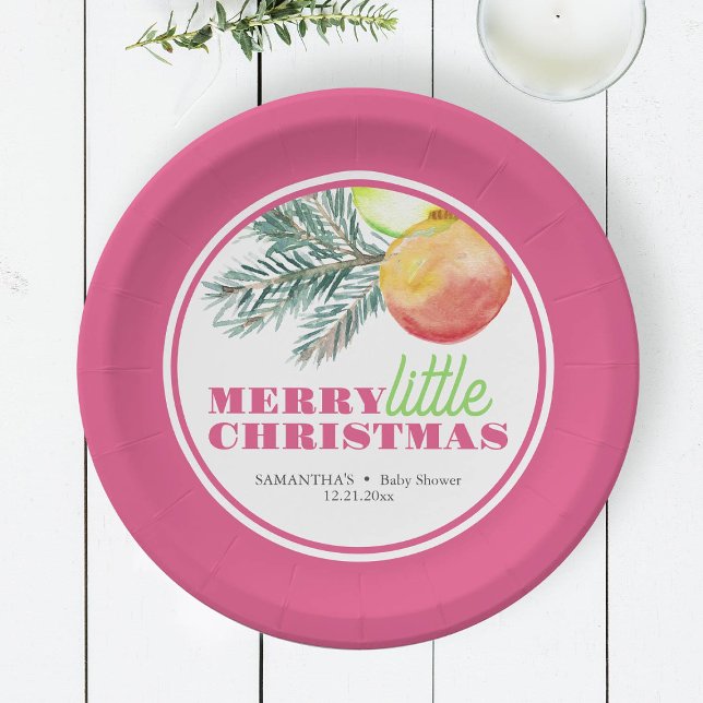 Plato De Papel Navidades Tema Placas de papel Baby Shower (Pink Christmas plates features watercolor bauble and pine art by Victoria Grigaliunas DoTellABelle)