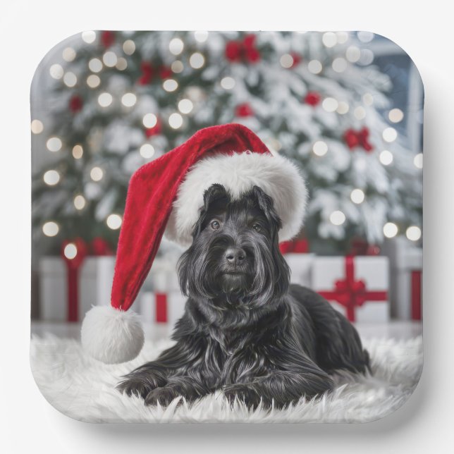Plato De Papel Navidades Terrier escocés en una alfombra blanca (Anverso)