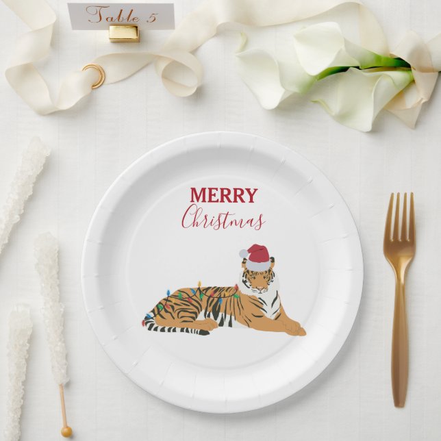Plato De Papel Navidades tigre, animal gracioso con Santa Hat (Boda)