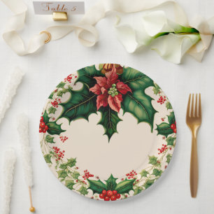 Plato De Papel Navidades tradicionales Poinsettia Holly