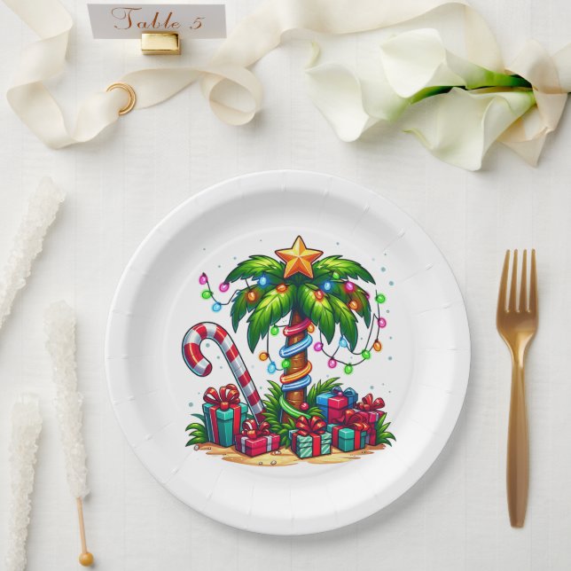 Plato De Papel Navidades tropicales arbol de palmas de vacaciones (Boda)